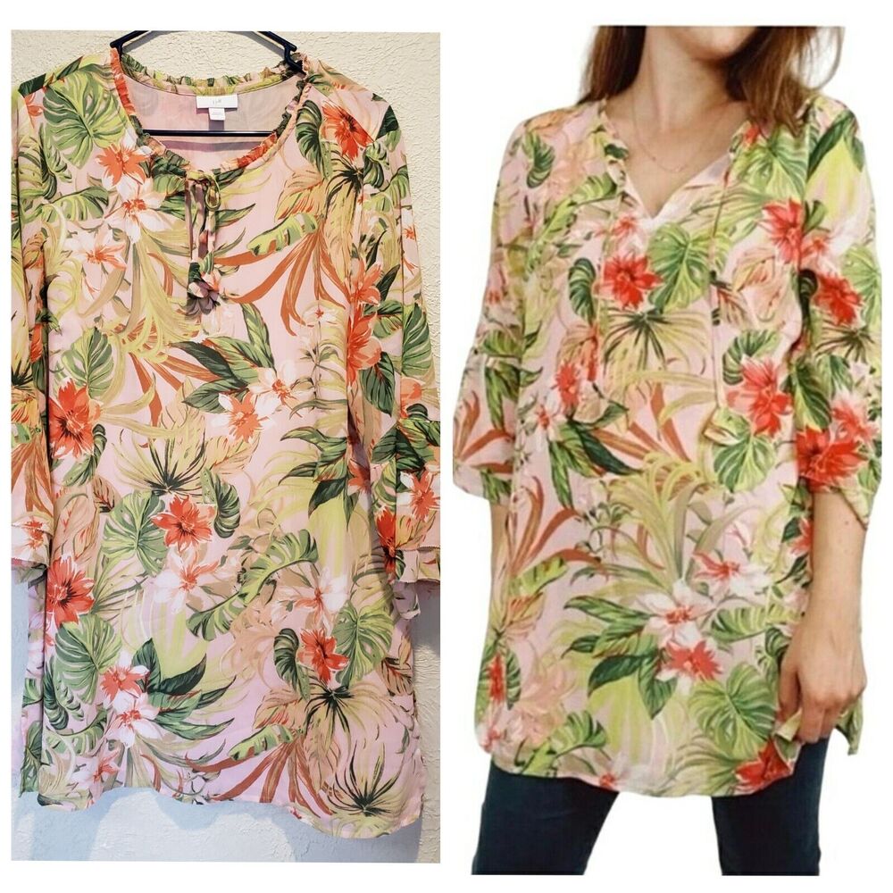 J. Jill Womens L Floral Tunic Top Lined Ruffles Tropical Resort Paradise Flowy